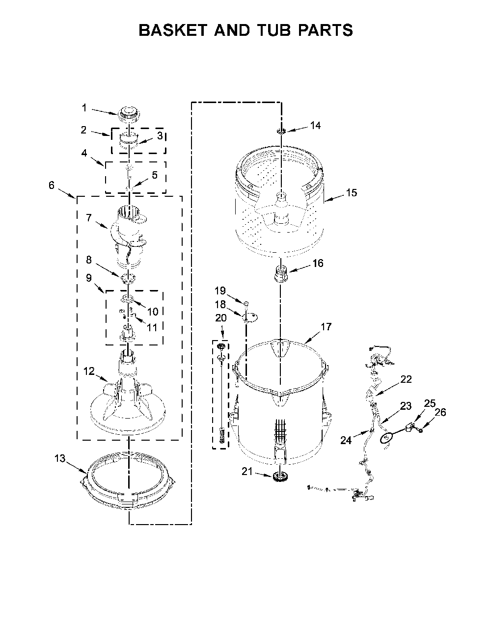Basket and tub parts Diagram and Parts List for 11020232711  Kenmore Washer