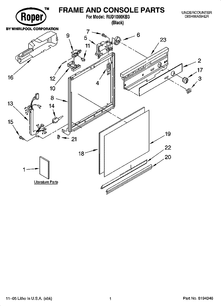 FRAME AND CONSOLE PARTS Diagram and Parts List for RUD1000KB3  Roper Dishwasher