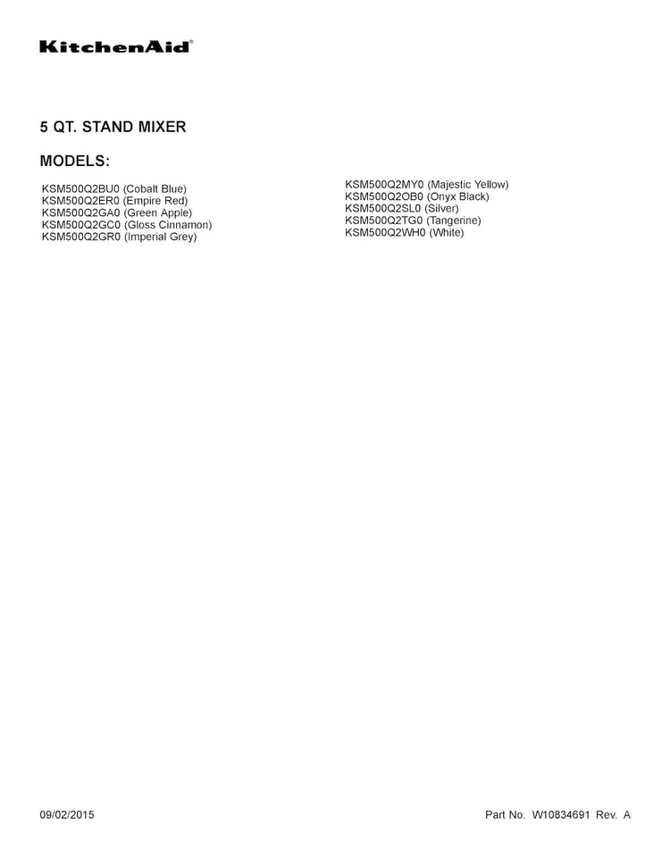 Cover Sheet Diagram and Parts List for KSM500Q2SL0  KitchenAid Mixer