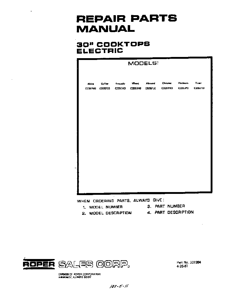 Cover Page Diagram and Parts List for C3357*0  Roper Range