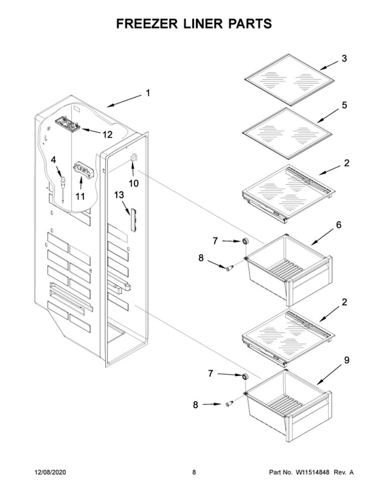 Freezer Liner Parts Diagram and Parts List for WRS970CIHZ01  Whirlpool Refrigerator