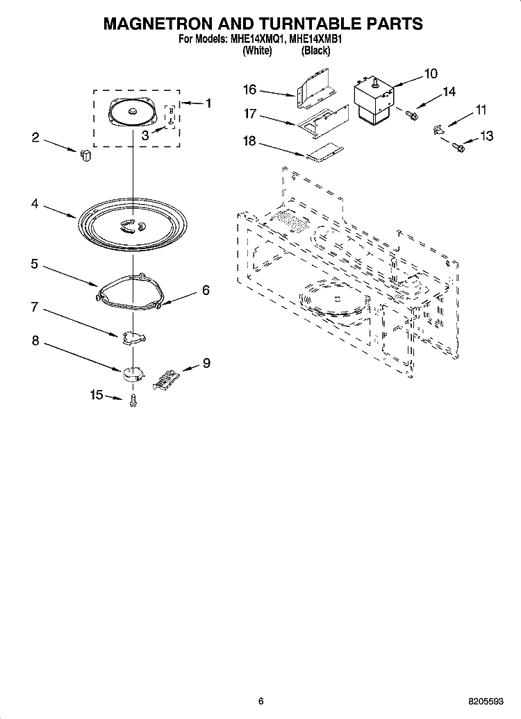MAGNETRON AND TURNTABLE PARTS Diagram and Parts List for MHE14XMB1  Roper Microwave