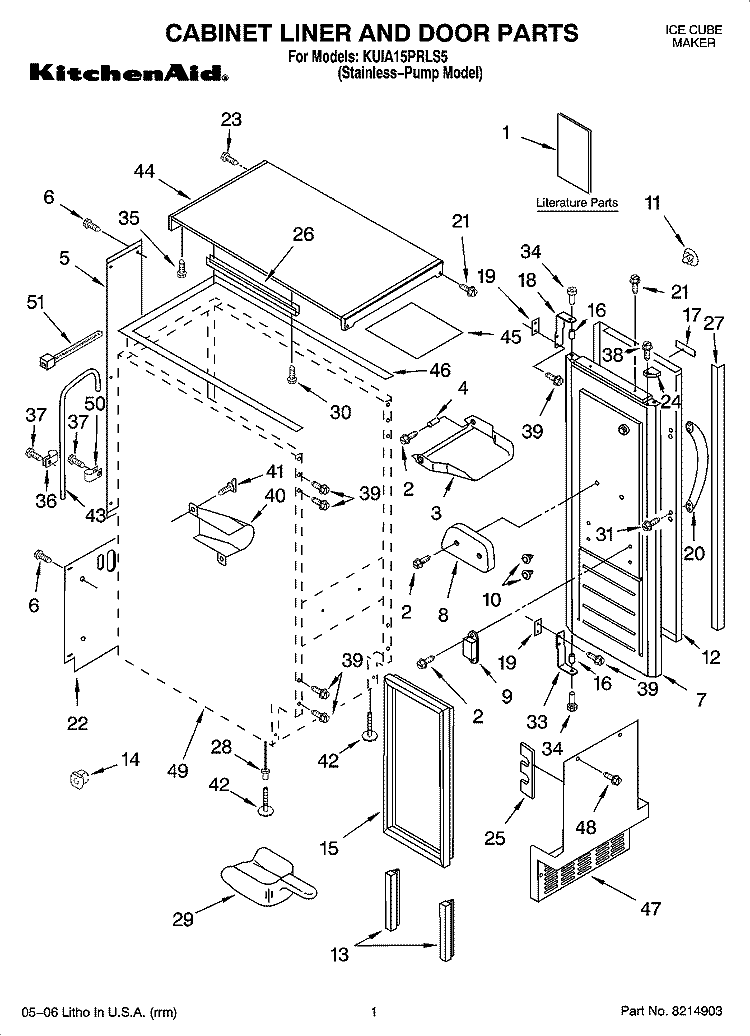 CABINET LINER AND DOOR PARTS Diagram and Parts List for KUIA15PRLS5  KitchenAid Ice Maker