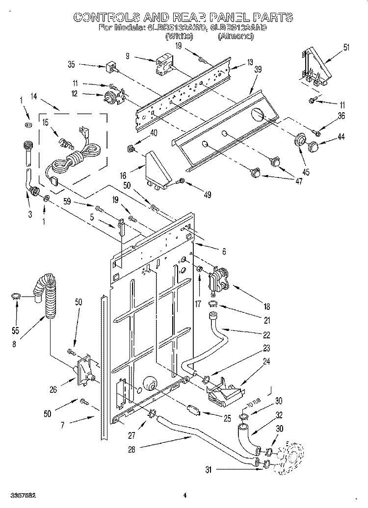 CONTROLS AND REAR PANEL Diagram and Parts List for 6LBR5132AW0  Whirlpool Washer