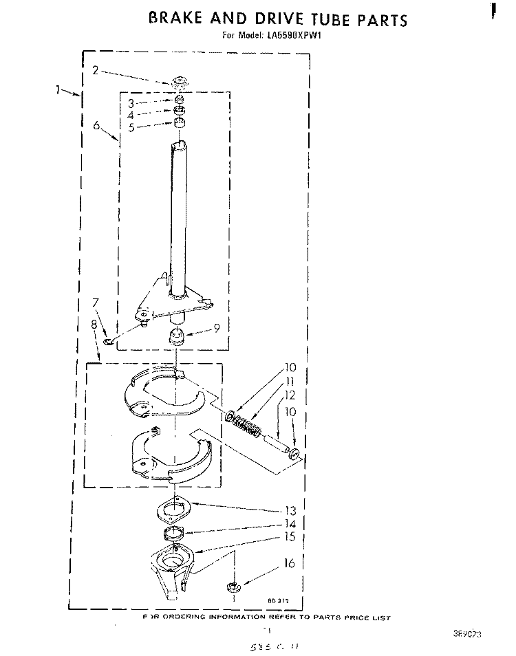 BRAKE AND DRIVE TUBE Diagram and Parts List for LA5590XPW1  Whirlpool Washer