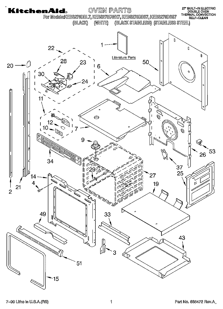 OVEN, LITERATURE Diagram and Parts List for KEBS278DBS7  KitchenAid Wall Oven