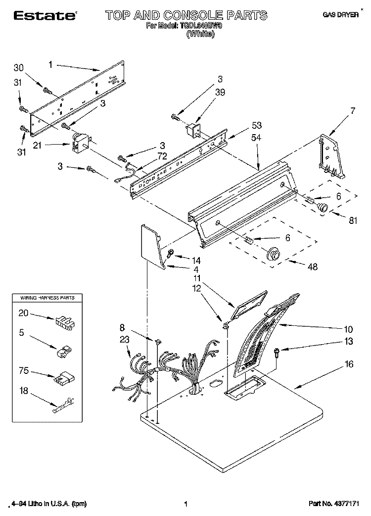 TOP AND CONSOLE, LIT/OPTIONAL Diagram and Parts List for TGDL640BW0  Whirlpool Dryer