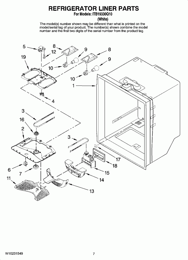 REFRIGERATOR LINER PARTS Diagram and Parts List for ITB19330Q10  Inglis Refrigerator