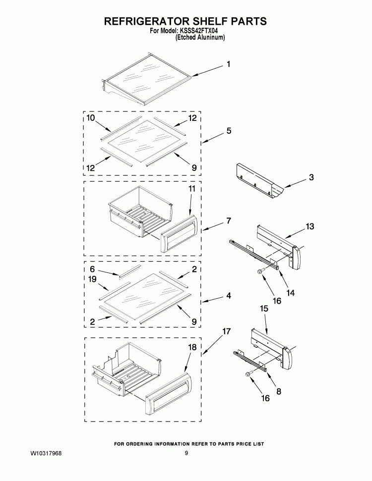REFRIGERATOR SHELF PARTS Diagram and Parts List for KSSS42FTX04  KitchenAid Refrigerator