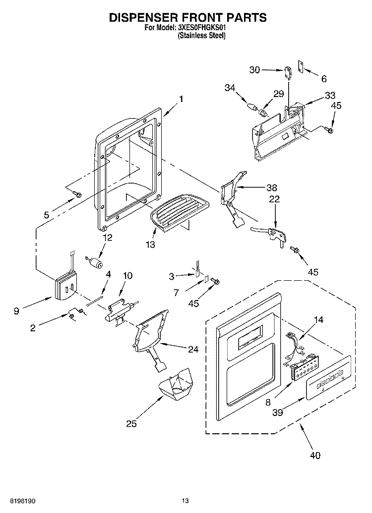 DISPENSER FRONT Diagram and Parts List for 3XES0FHGKS01  Whirlpool Refrigerator