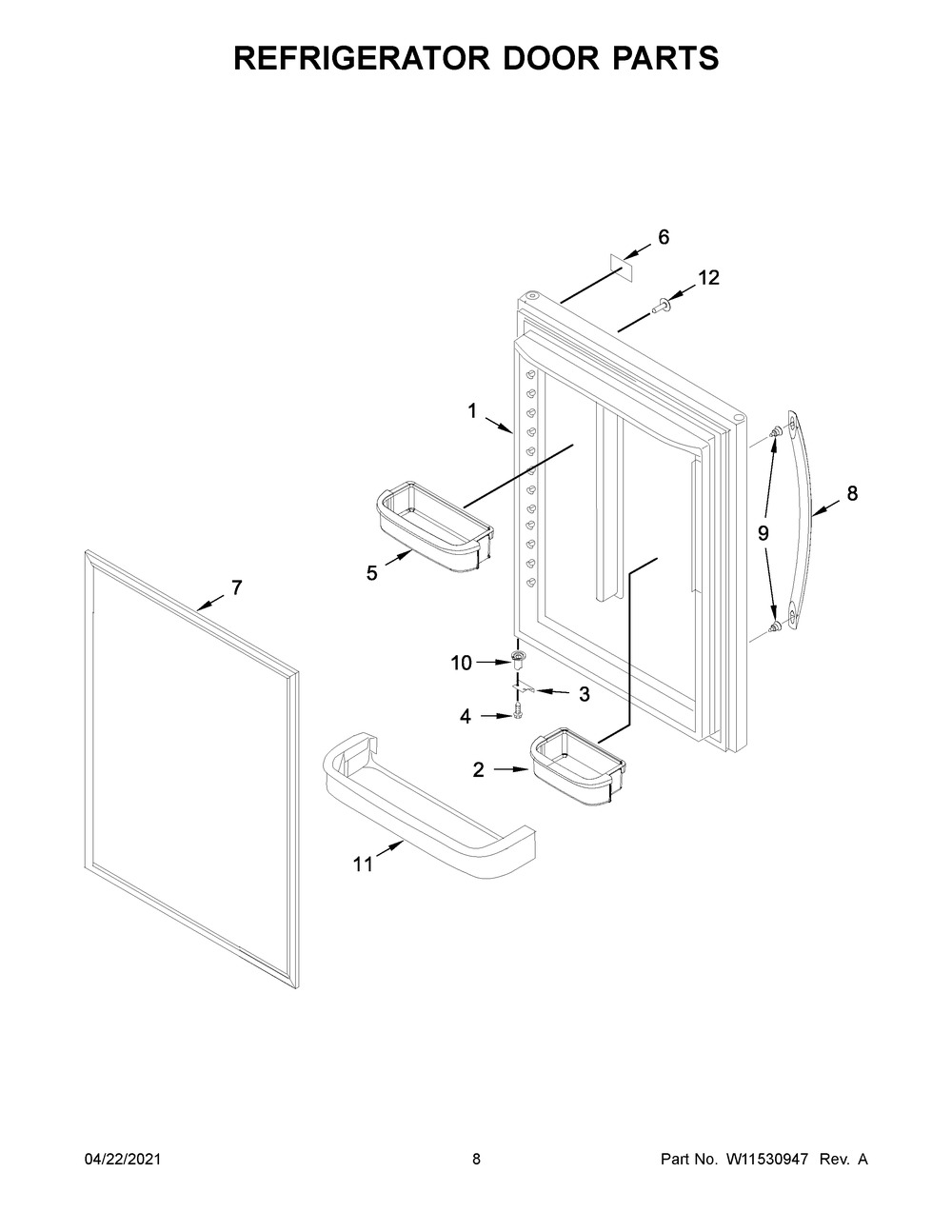 Refrigerator Door Parts Diagram and Parts List for WRB329DFBB03  Whirlpool Refrigerator