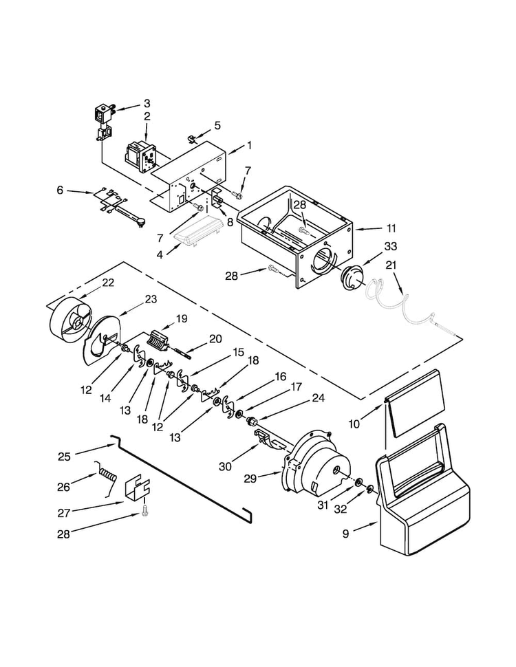 Motor And Ice Container Parts Diagram and Parts List for 10651123211  Kenmore Refrigerator