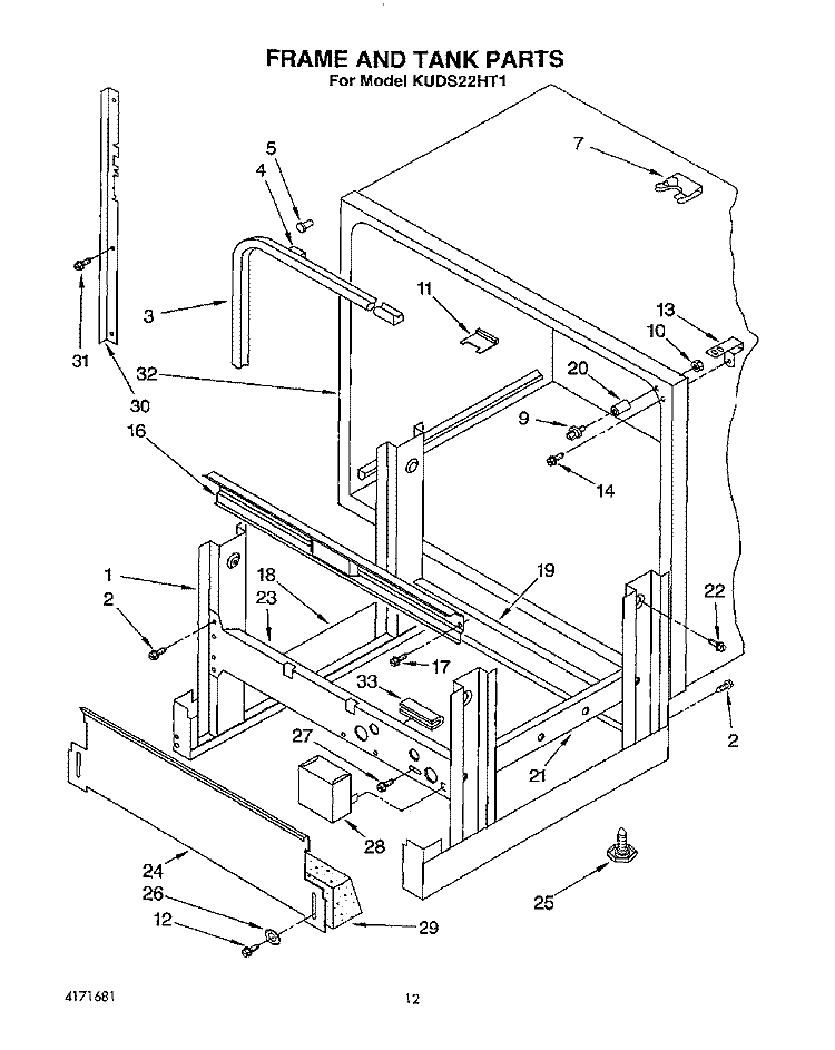 FRAME AND TANK Diagram and Parts List for KUDS22HT1  KitchenAid Dishwasher
