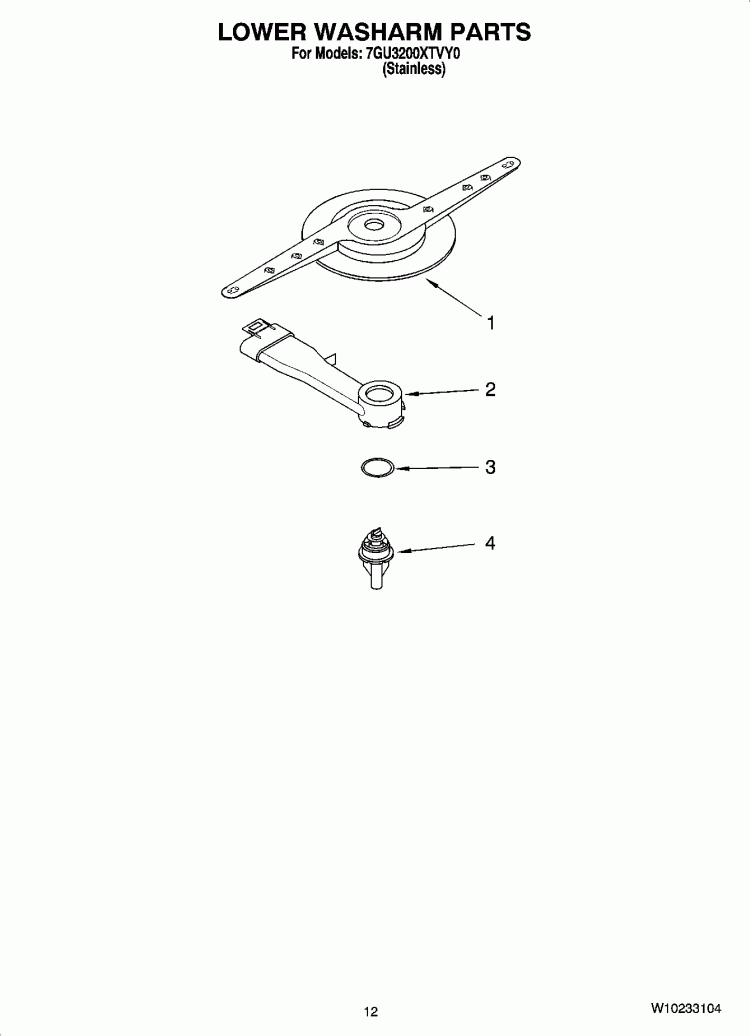 LOWER WASHARM PARTS Diagram and Parts List for 7GU3200XTVY0  Whirlpool Dishwasher
