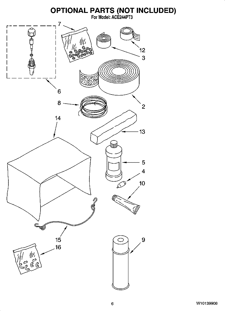 OPTIONAL  PARTS (NOT INCLUDED) Diagram and Parts List for ACE244PT3  Whirlpool Air Conditioner