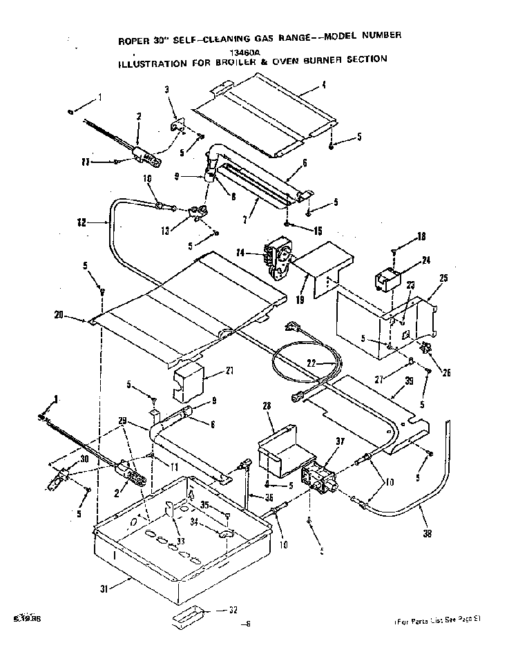 Broiler And Oven Burner Diagram and Parts List for 1346*0A  Roper Range