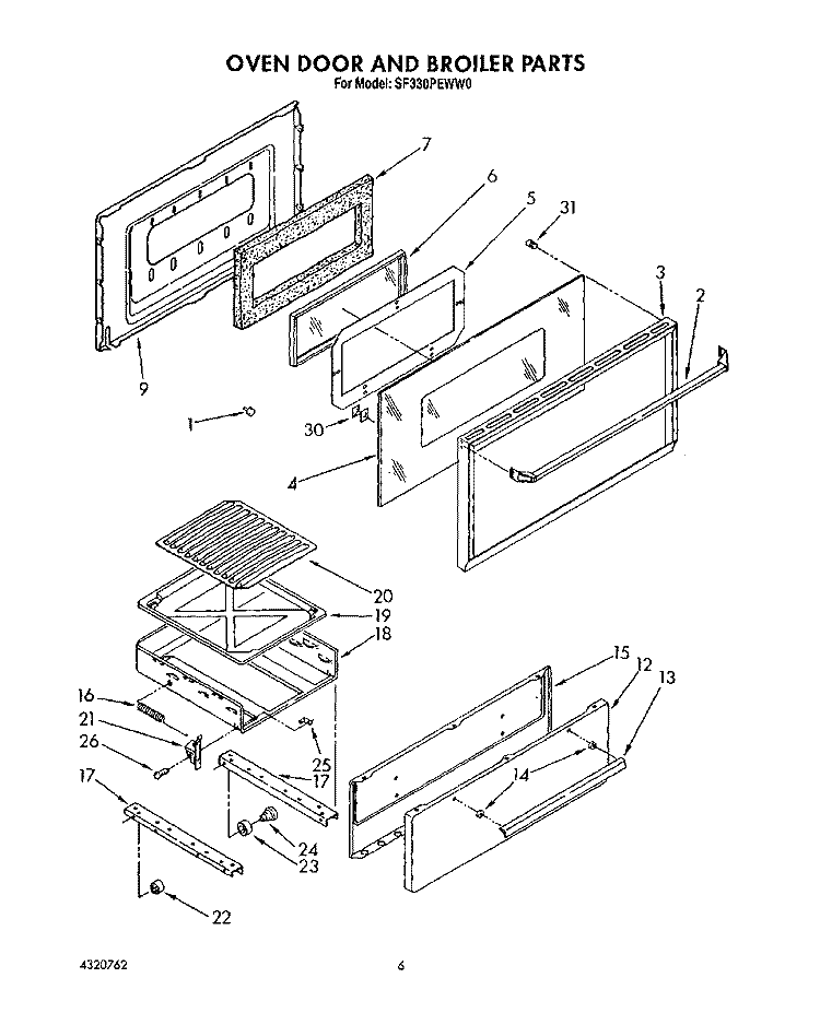 OVEN DOOR AND BROILER Diagram and Parts List for SF330PEWW0  Whirlpool Range