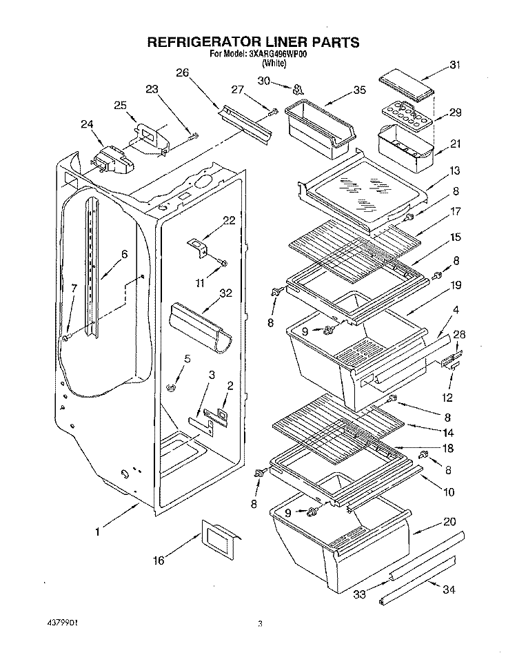 REFRIGERATOR LINER Diagram and Parts List for 3XARG496WP00  Whirlpool Refrigerator