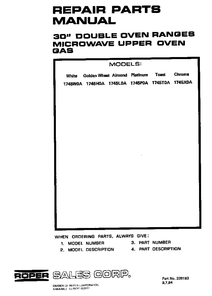 Front Cover Diagram and Parts List for 1745*0A  Roper Range