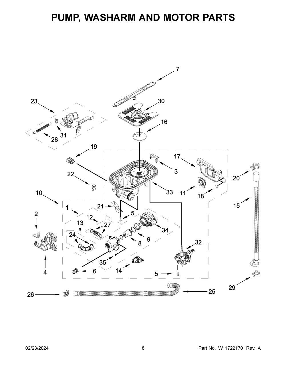 Pump, Washarm And Motor Parts Diagram and Parts List for KDTM404KPS3  KitchenAid Dishwasher