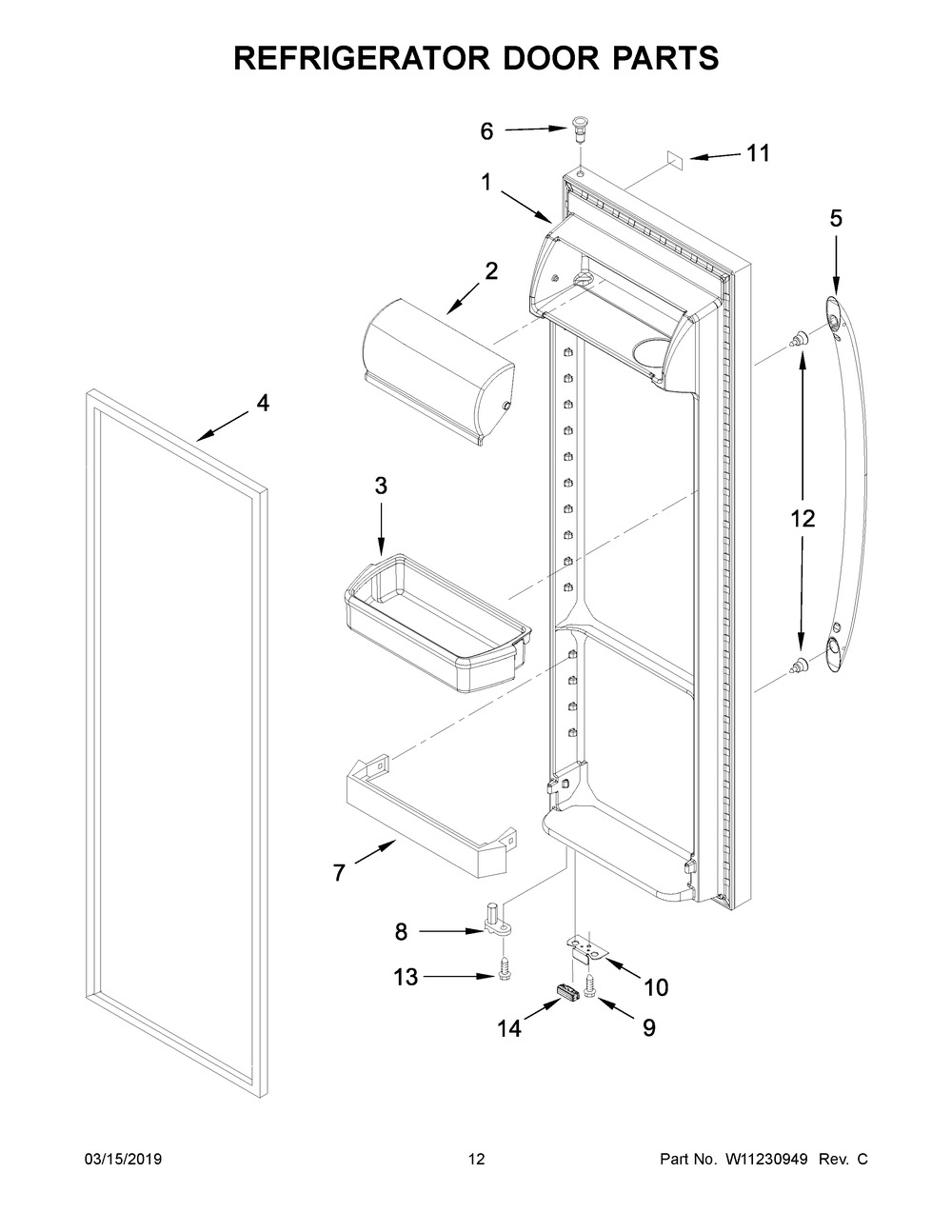 Refrigerator Door Parts Diagram and Parts List for WRS335SDHM00  Whirlpool Refrigerator