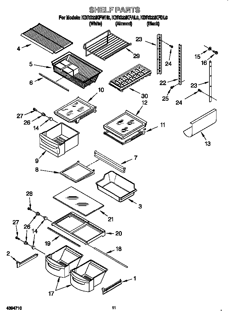 Shelf Diagram and Parts List for KBRS22KFBL00  KitchenAid Refrigerator
