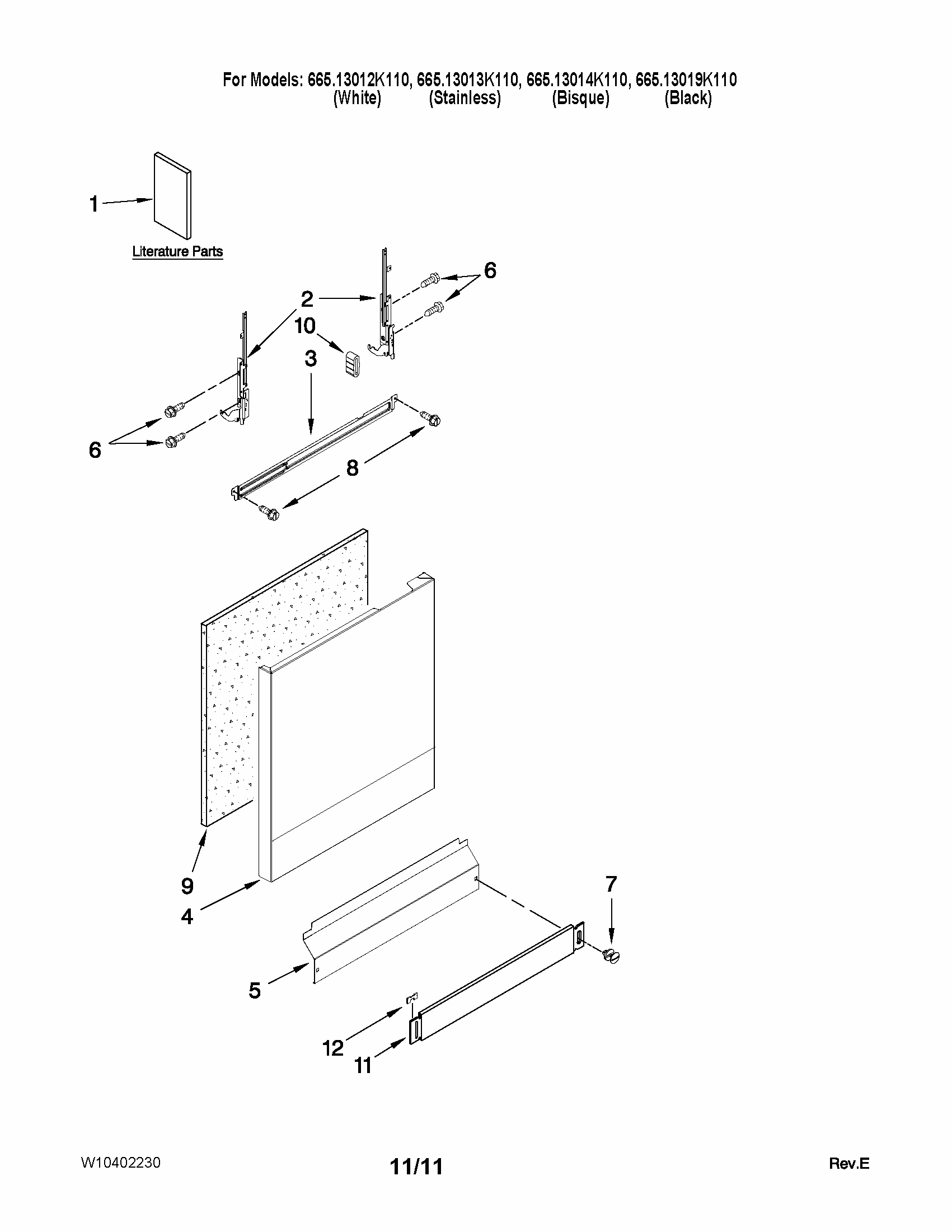 Door And Panel Parts Diagram and Parts List for 66513014K110  Kenmore Dishwasher