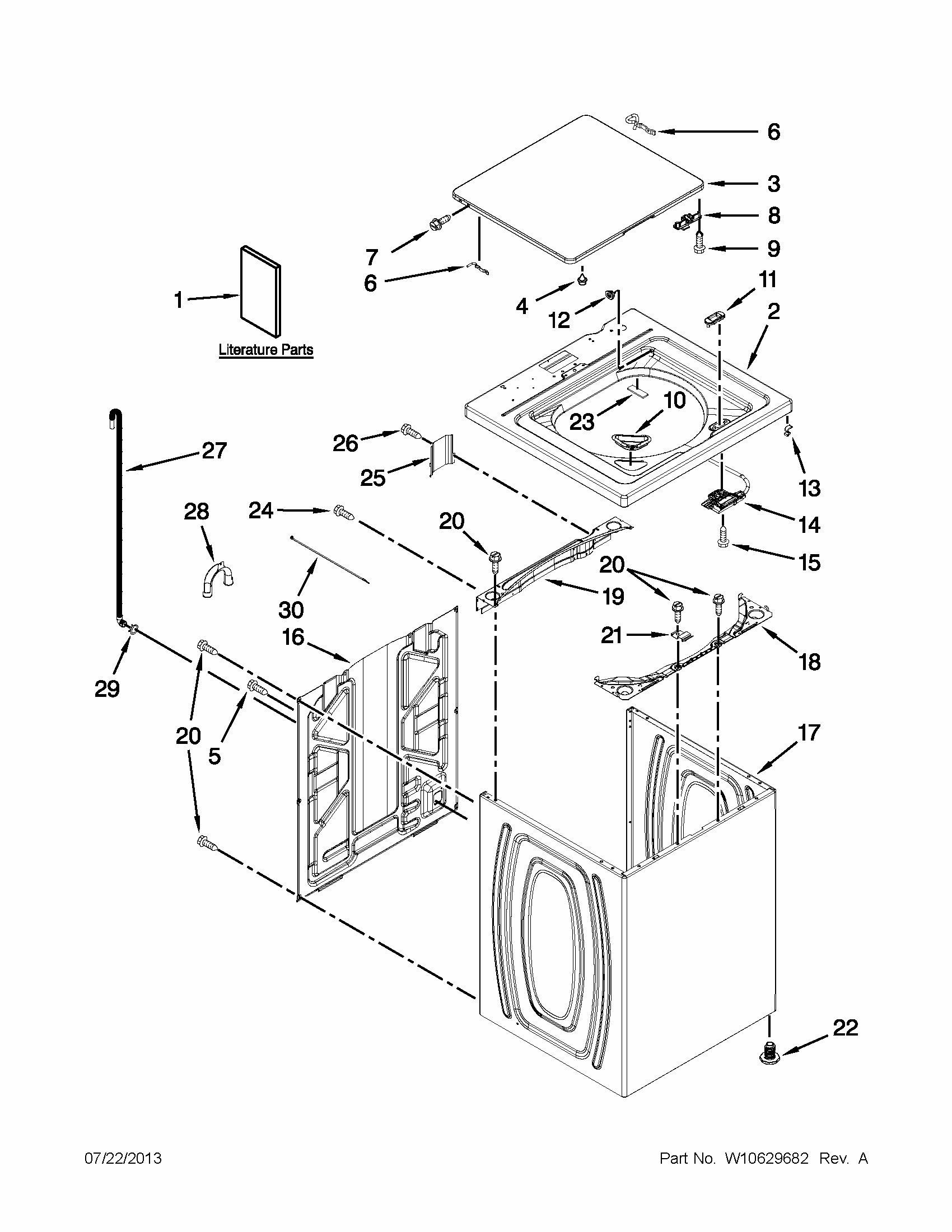 Top And Cabinet Parts Diagram and Parts List for 11020102310  Kenmore Washer