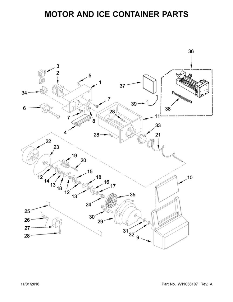 Motor And Ice Container Parts Diagram and Parts List for WRS331FDDB02  Whirlpool Refrigerator