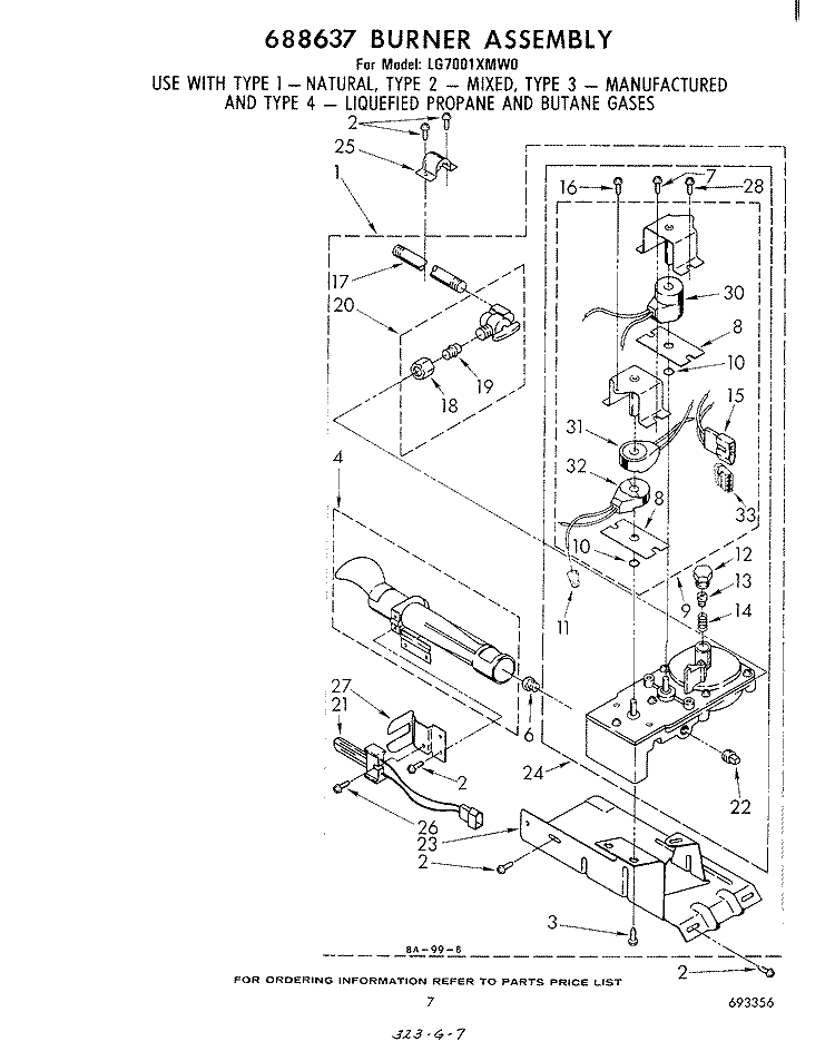 688637 BURNER Diagram and Parts List for LG7001XMW0  Whirlpool Dryer