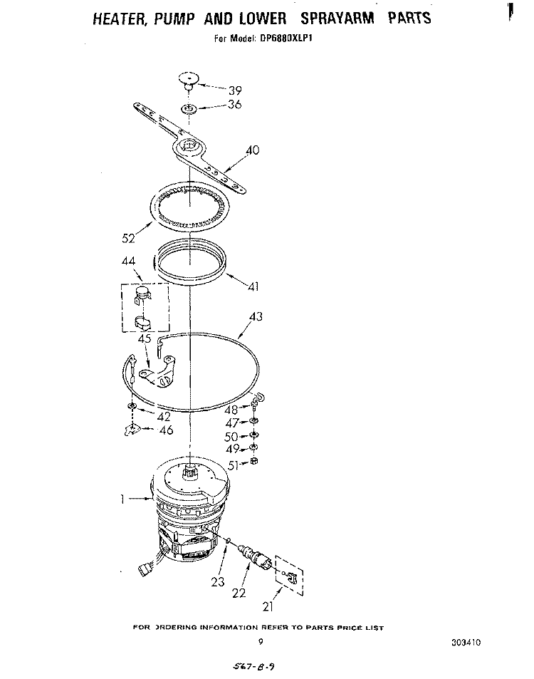 HEATER, PUMP AND LOWER SPRAY ARM Diagram and Parts List for DP6880XLP1  Whirlpool Dishwasher