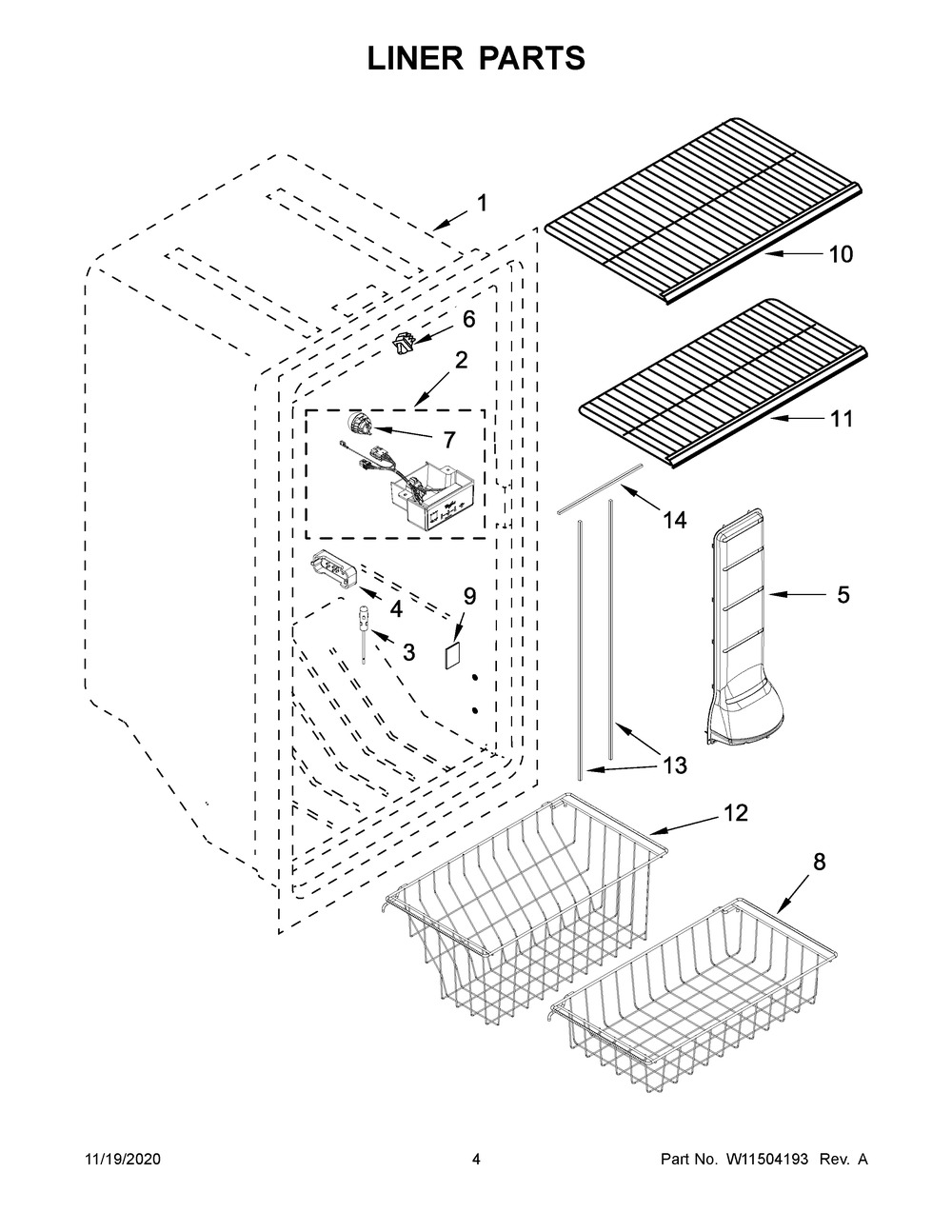 Liner Parts Diagram and Parts List for WZF79R20DW04  Whirlpool Freezer