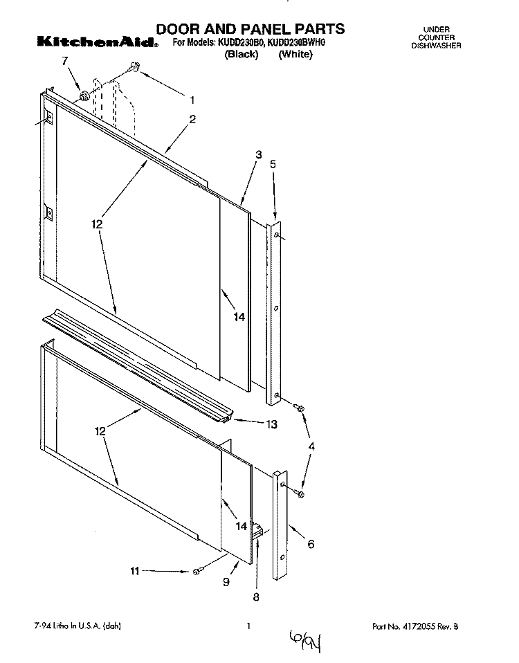 DOOR AND PANEL Diagram and Parts List for KUDD230B0  KitchenAid Dishwasher
