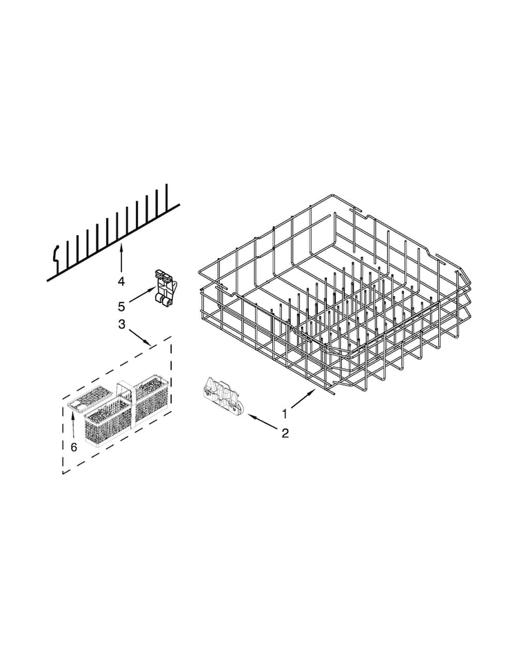 Lower Rack Parts Diagram and Parts List for KDTE204DWH1  KitchenAid Dishwasher