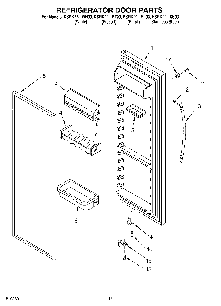 REFRIGERATOR DOOR PARTS Diagram and Parts List for KSRK22ILBT03  KitchenAid Refrigerator