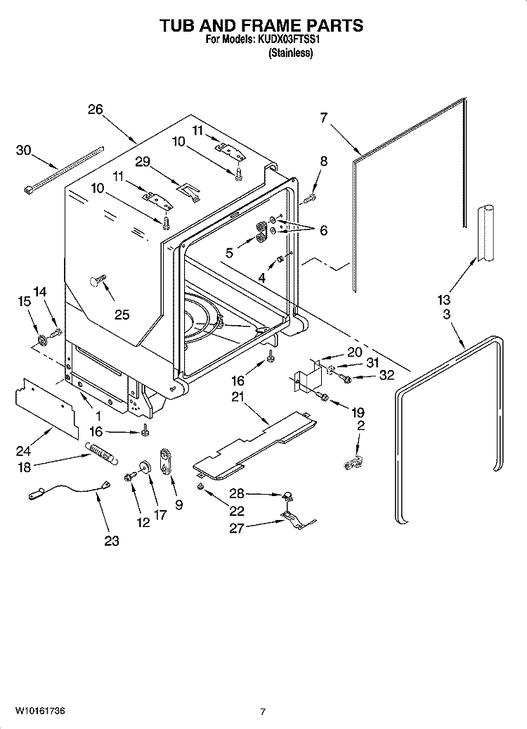 TUB AND FRAME PARTS Diagram and Parts List for KUDX03FTSS1  KitchenAid Dishwasher