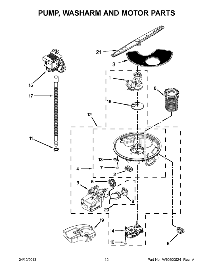 PUMP, WASHARM AND MOTOR PARTS Diagram and Parts List for WDF750SAYB2  Whirlpool Dishwasher
