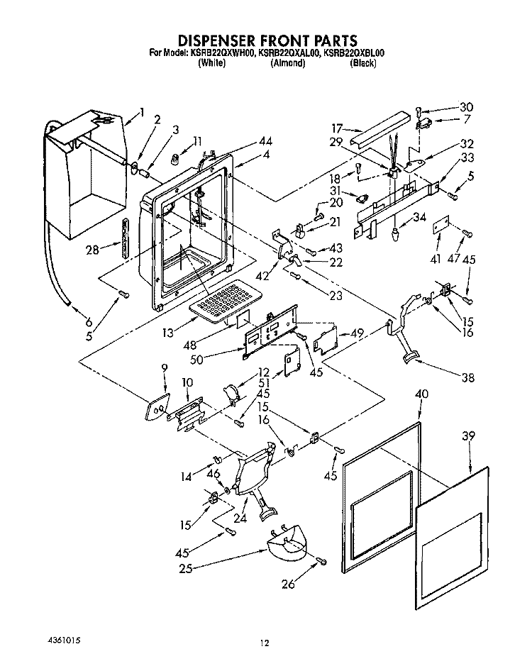 DISPENSER FRONT Diagram and Parts List for KSRB22QXBL00  KitchenAid Refrigerator