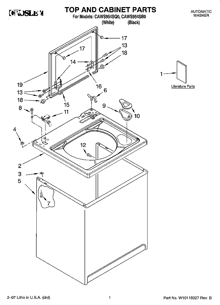 TOP AND CABINET PARTS Diagram and Parts List for CAWS954SB0  Crosley Washer