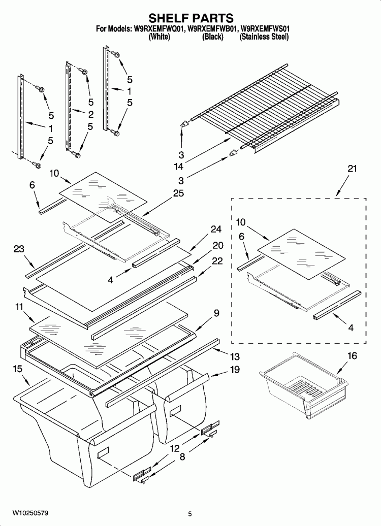 SHELF PARTS Diagram and Parts List for W9RXEMFWS01  Whirlpool Refrigerator