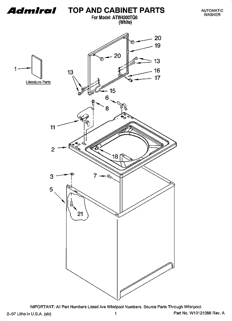 TOP AND CABINET PARTS Diagram and Parts List for ATW4300TQ0  Whirlpool Washer