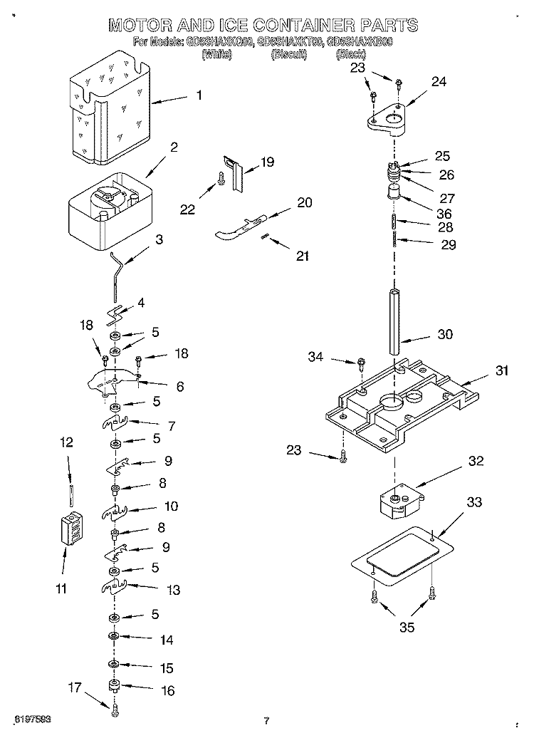 MOTOR AND ICE CONTAINER Diagram and Parts List for GD5SHAXKQ00  Whirlpool Refrigerator