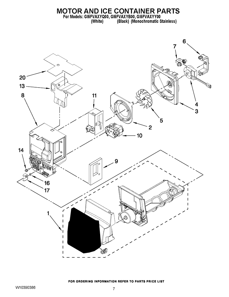 MOTOR AND ICE CONTAINER PARTS Diagram and Parts List for GI5FVAXYY00  Whirlpool Refrigerator