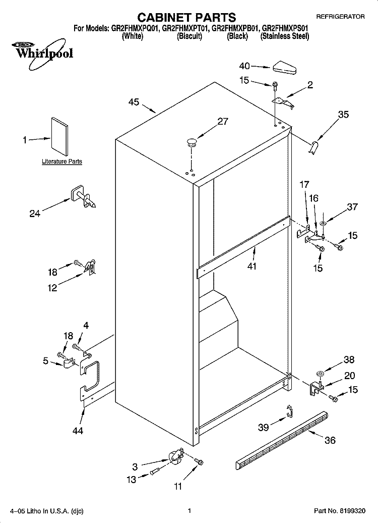 CABINET PARTS Diagram and Parts List for GR2FHMXPT01  Whirlpool Refrigerator