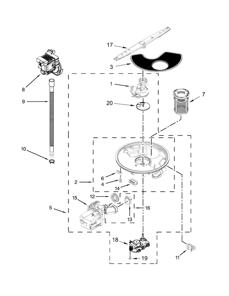 Pump, Washarm And Motor Parts Diagram and Parts List for WDT720PADB2  Whirlpool Dishwasher