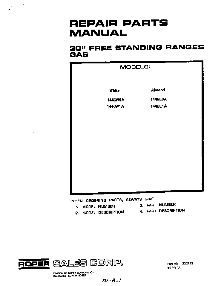 Cover Page-text Only Diagram and Parts List for 1446*1A  Roper Range