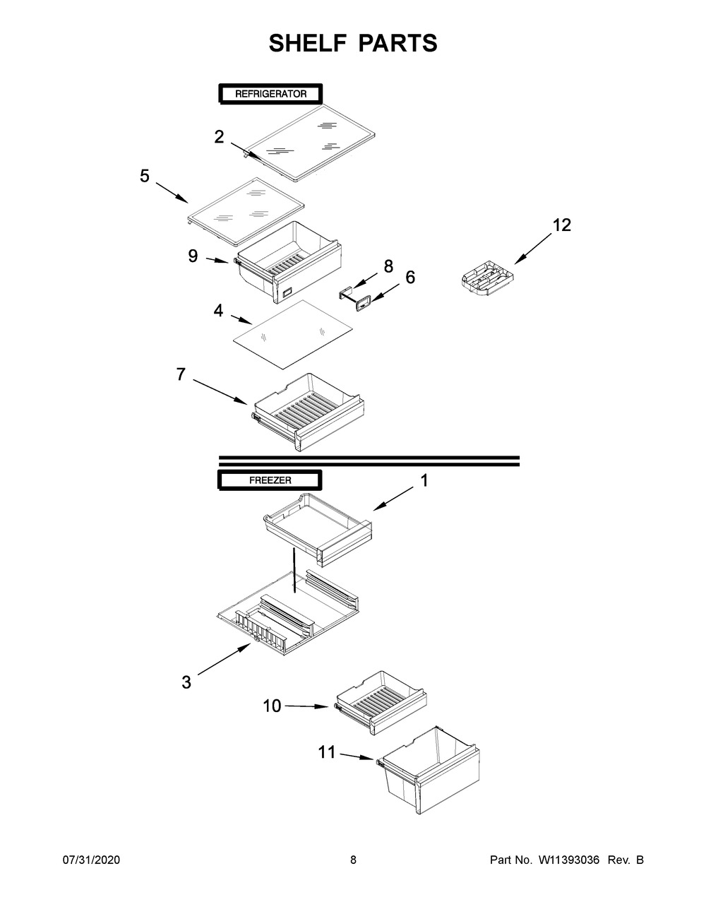 Shelf Parts Diagram and Parts List for WRB533CZJB00  Whirlpool Refrigerator