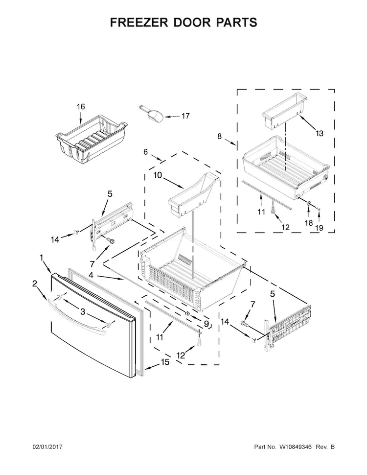 Freezer Door Parts Diagram and Parts List for WRF767SDEM01  Whirlpool Refrigerator
