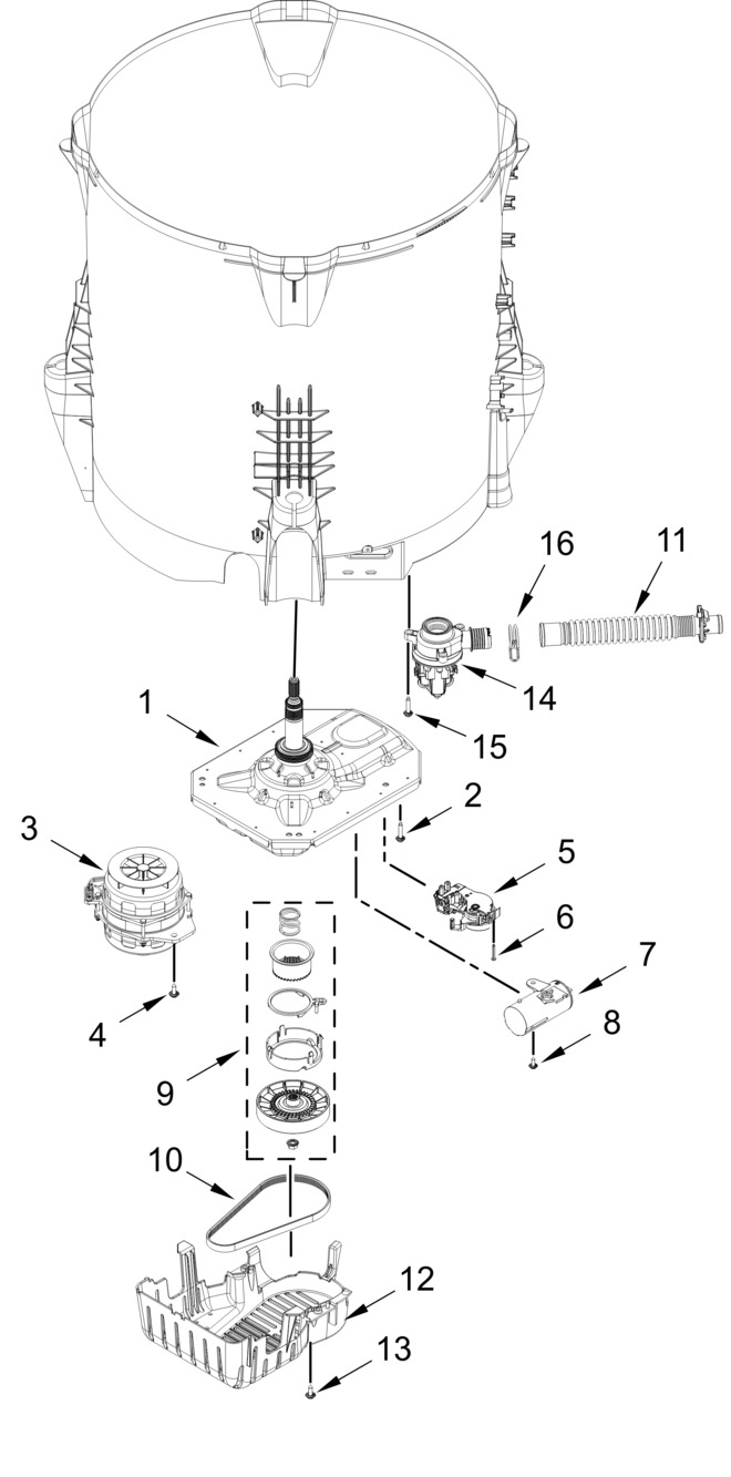 Gearcase, Motor And Pump Parts Diagram and Parts List for MTW4200SW0  Whirlpool Washer