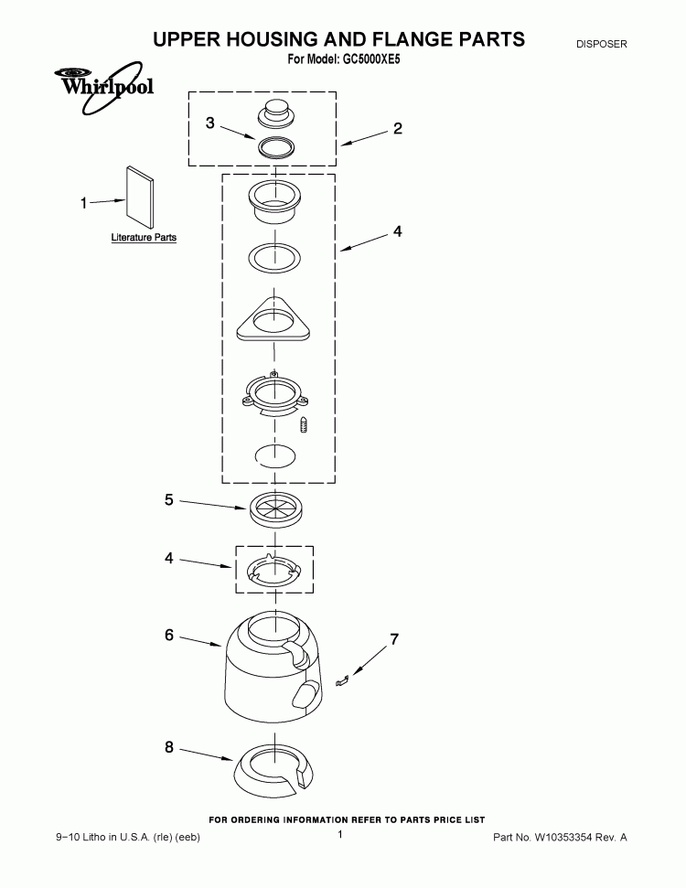 UPPER HOUSING AND FLANGE PARTS Diagram and Parts List for GC5000XE5  Whirlpool Food Waste Disposer